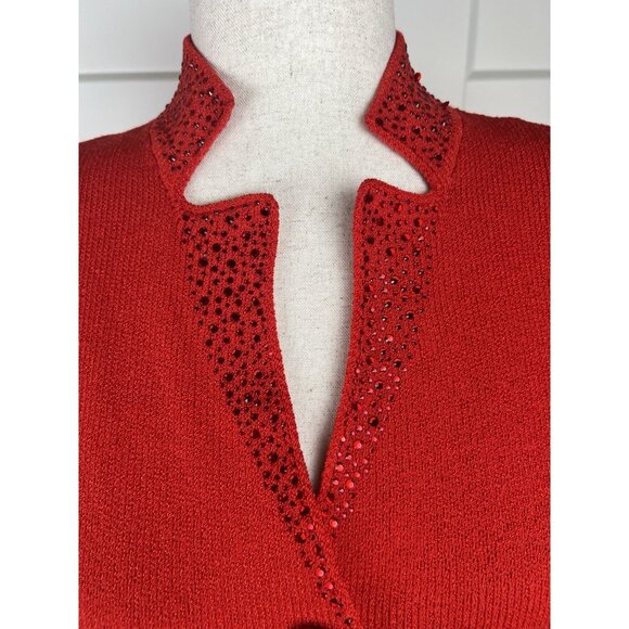 Vintage Toula Red Crystal Knit Skirt Suit Evening Jacket Set Size 12 Elegant - Picture 2 of 14